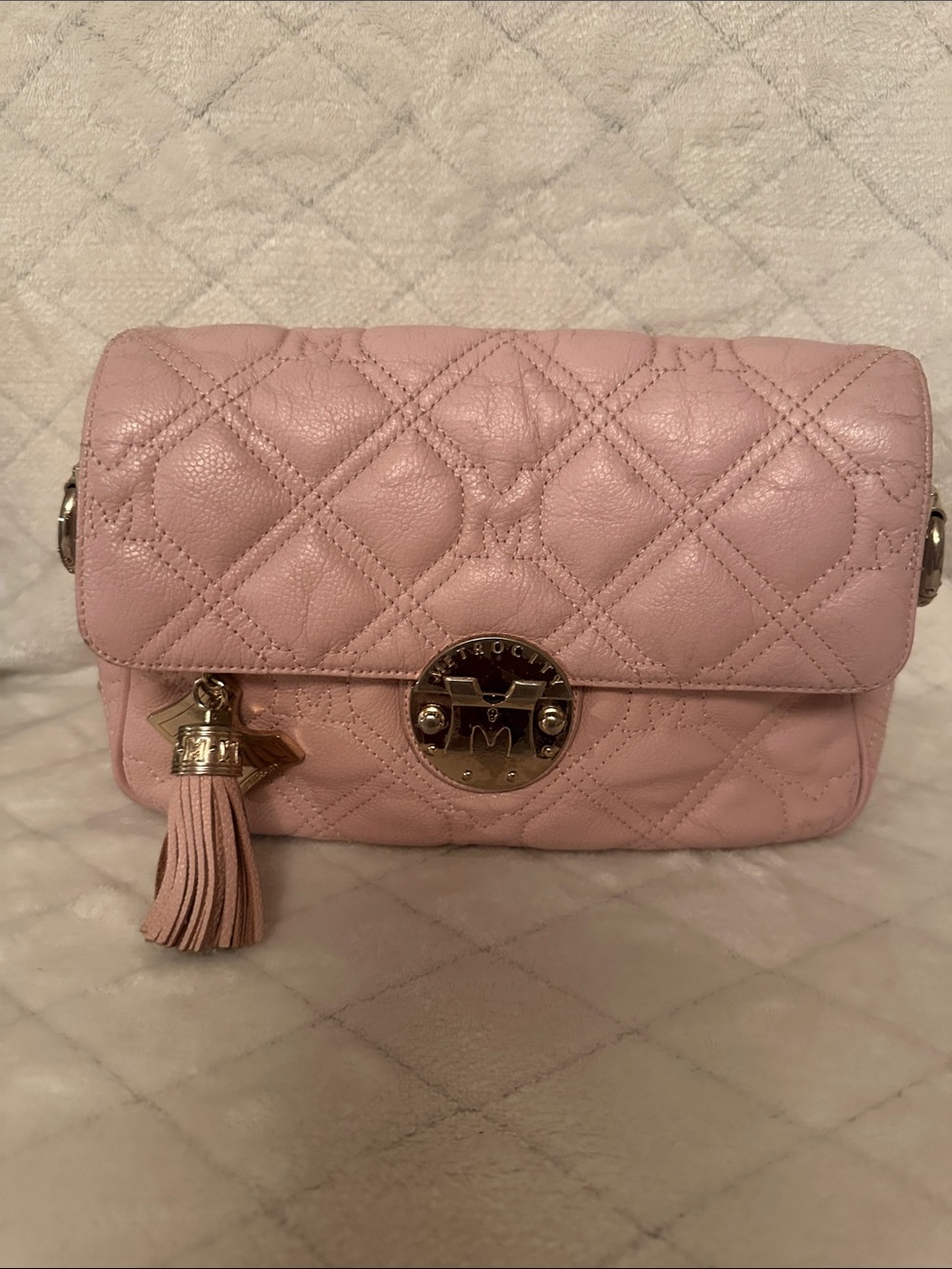 Quilted Pink Crossbody Bag with Tassel and Gold Hardware